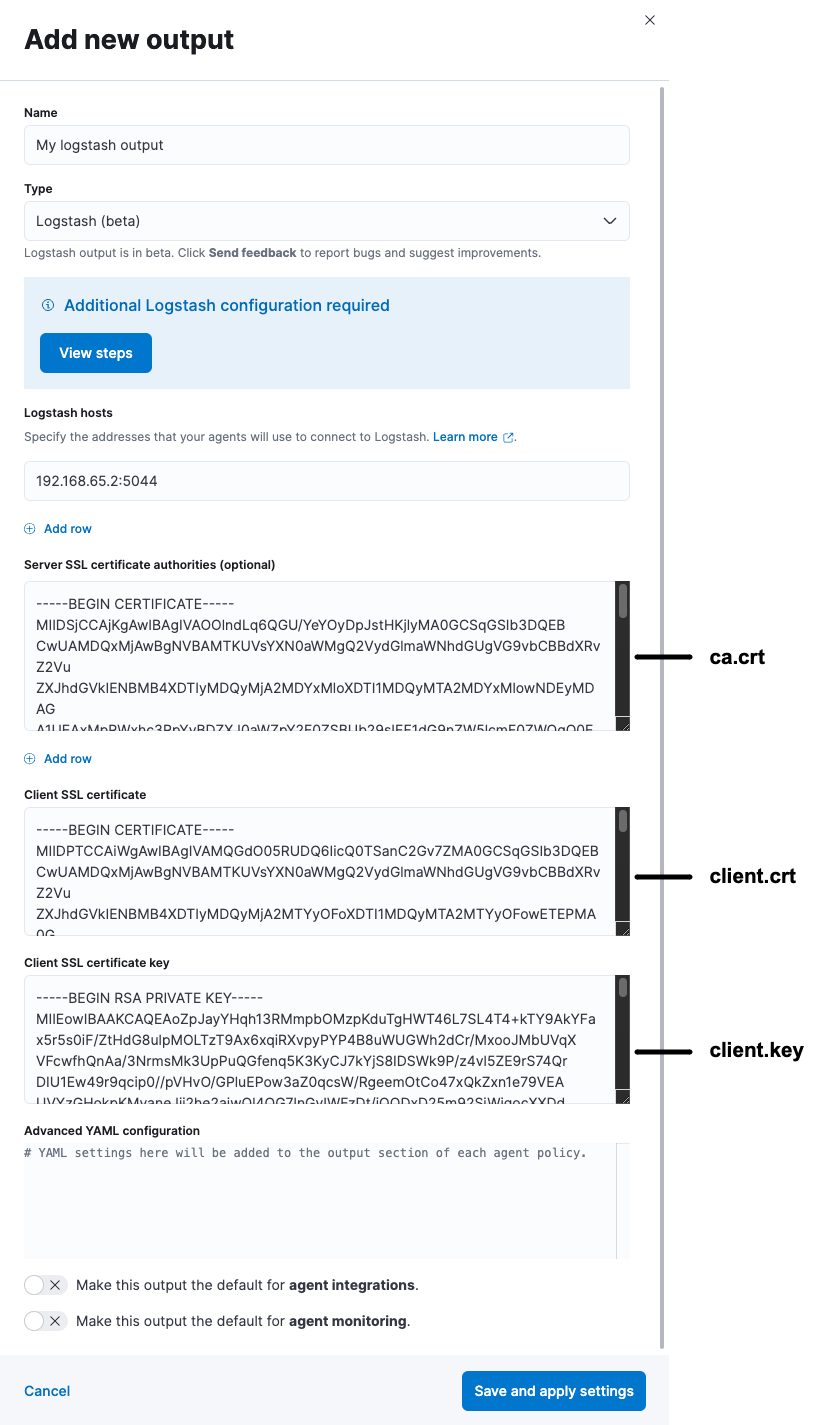 设置elastic agent的output为logstash